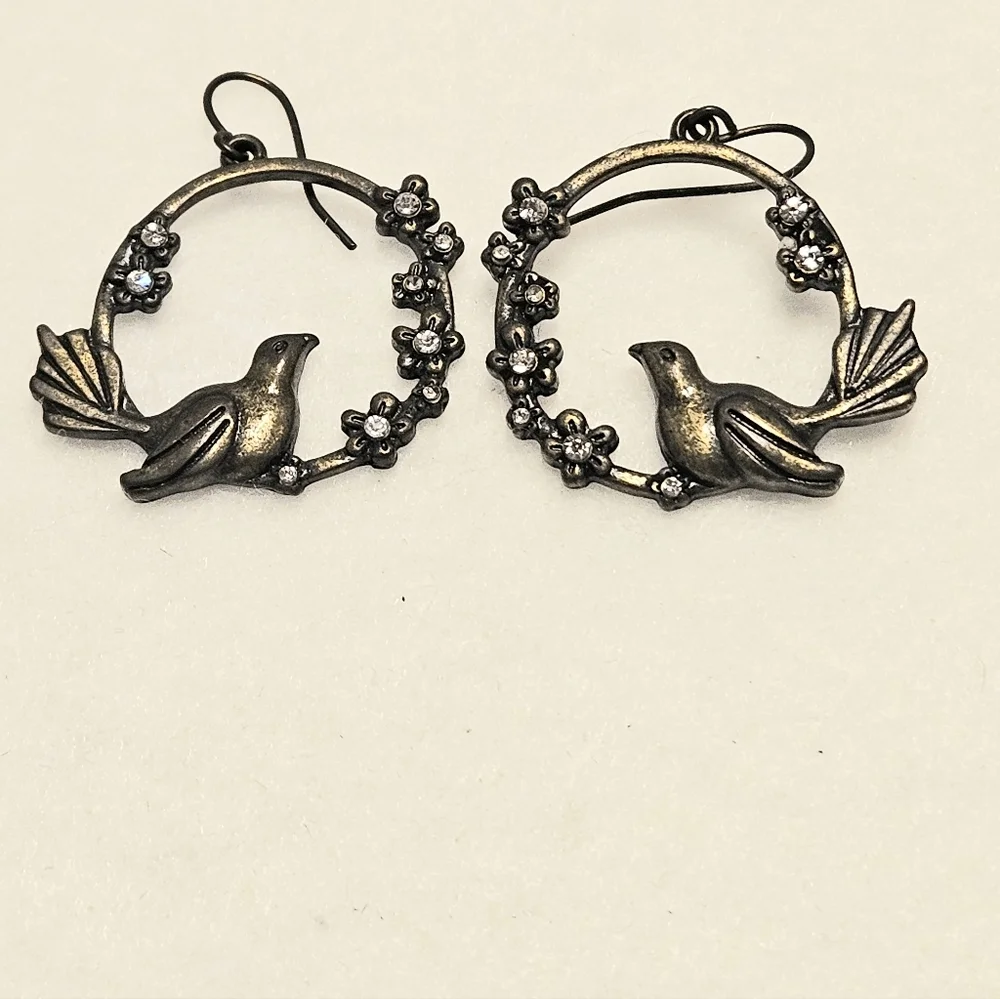 Antiqued Pewter-Tone Bird on Swing Pierced Dangle Earrings with Crystal Flowers